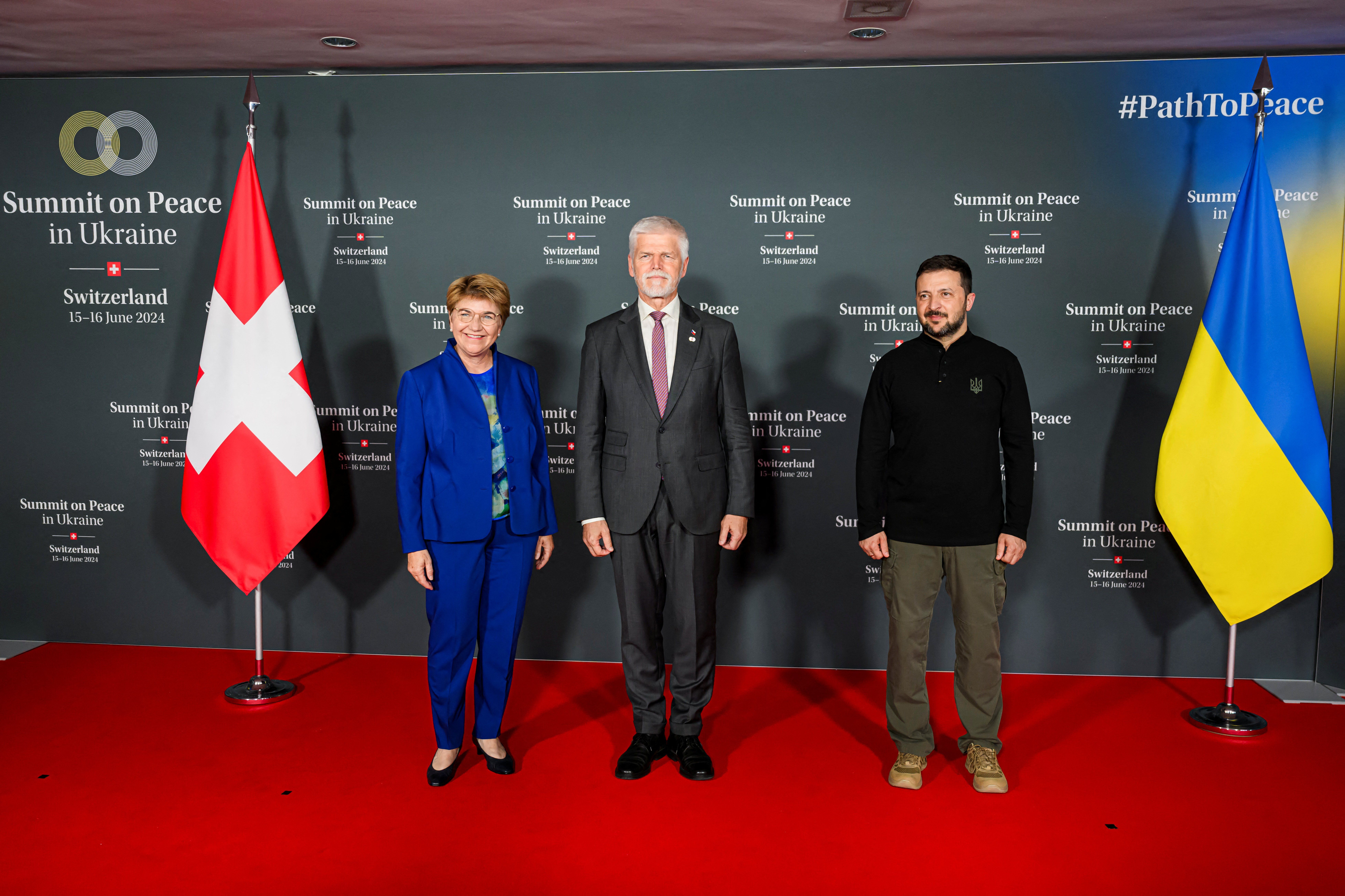 ​Swiss Federal President Viola Amherd poses with President Petr Pavel of the Czech Republic and President Volodymyr Zelenskyy of Ukraine during the Summit on Peace in Ukraine, in central Switzerland for the Summit on Peace in Ukraine, on June 15 and 16. 