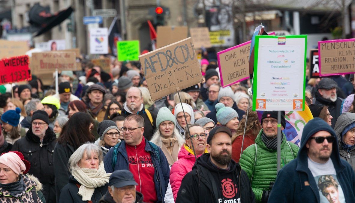 ​Ten thousand protesters gather in front of Duesseldorf Central Station to march against the AfD's upcoming afternoon rally in Duesseldorf, Germany, on Feb. 15, 2025.