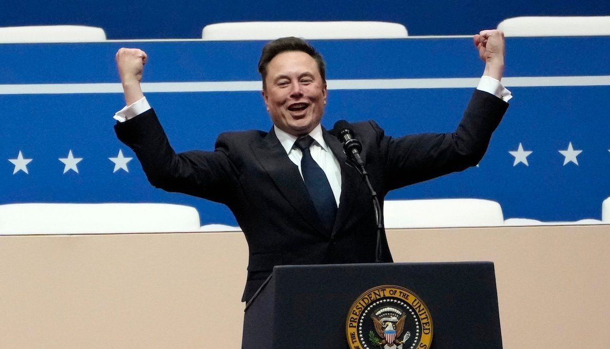 ​Tesla CEO and X owner Elon Musk addresses a stadium audience in Washington, DC, on Inauguration Day.