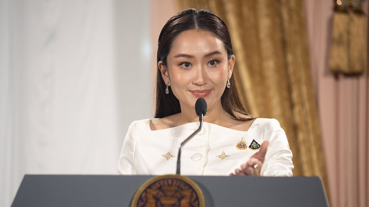 Thailand's Prime Minister Paetongtarn Shinawatra attends a press conference at the Pheu Thai party headquarters after the royal endorsement ceremony.