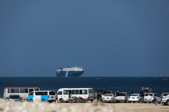 The Galaxy Leader commercial ship, seized by Yemen's Houthis last month, is seen off the coast of al-Salif, Yemen, December 5, 2023. 