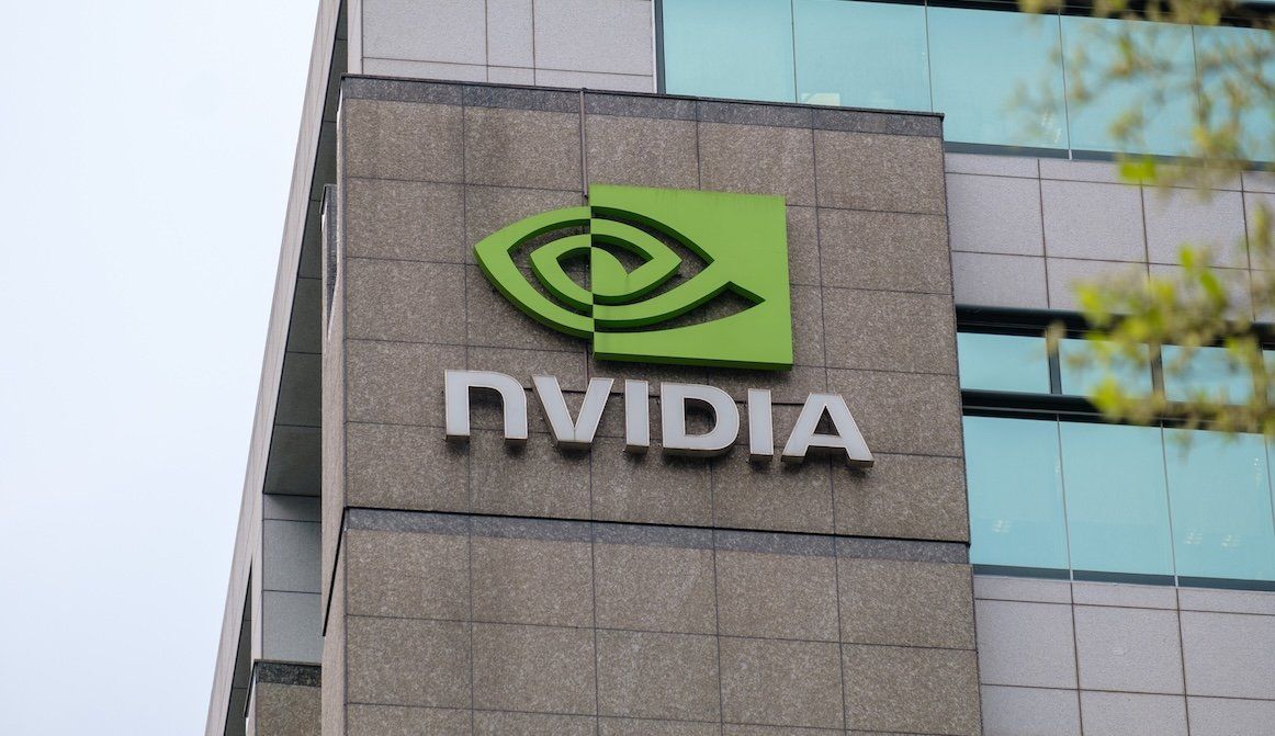 The NVIDIA logo seen at the American GPU manufacturer NVIDIA Taipei office. 