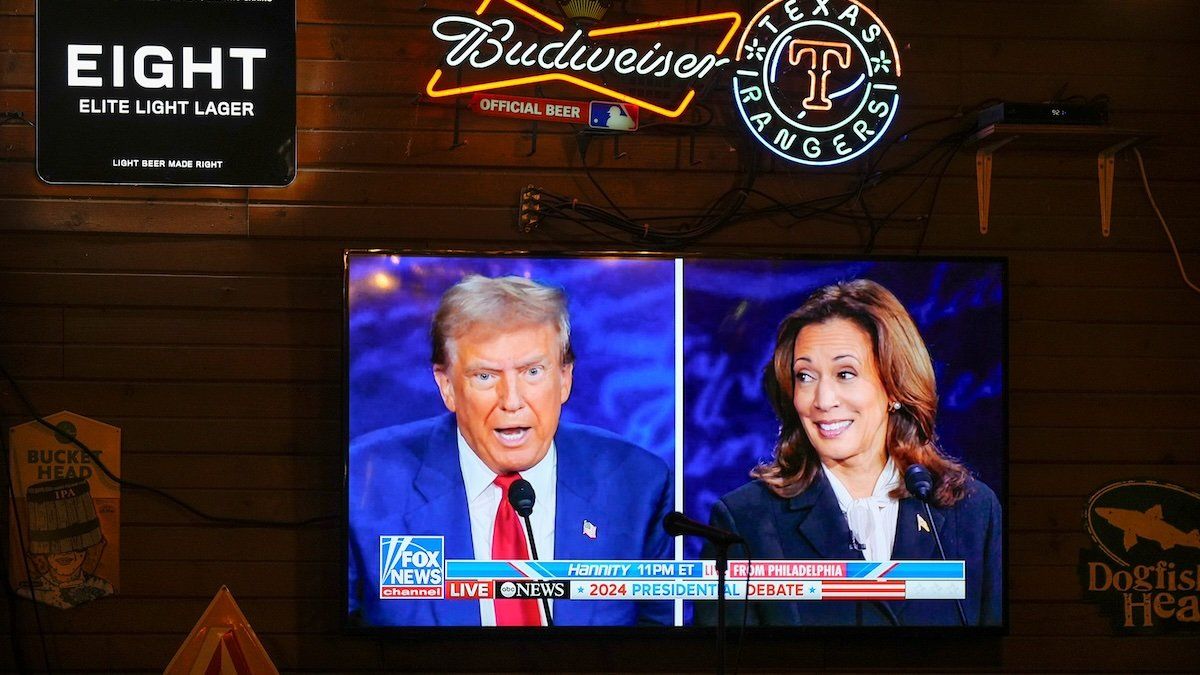 The presidential debate between former President Donald Trump and Vice President Kamala Harris is shown at a watch party hosted by the Travis County and Hays County Republicans at Pinballz Kingdom in Buda Tuesday September 10, 2024.