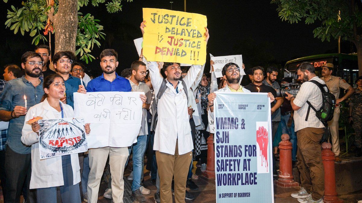 The resident doctors hold placards while chanting slogans during a protest against the brutal rape and murder of a postgraduate trainee doctor from Kolkata's RG Kar Hospital. The doctors' strike continues in the national capital, making a week since the indefinite protest began over the rape and murder of a medical student in Kolkata, causing disruptions to services and affecting patients.