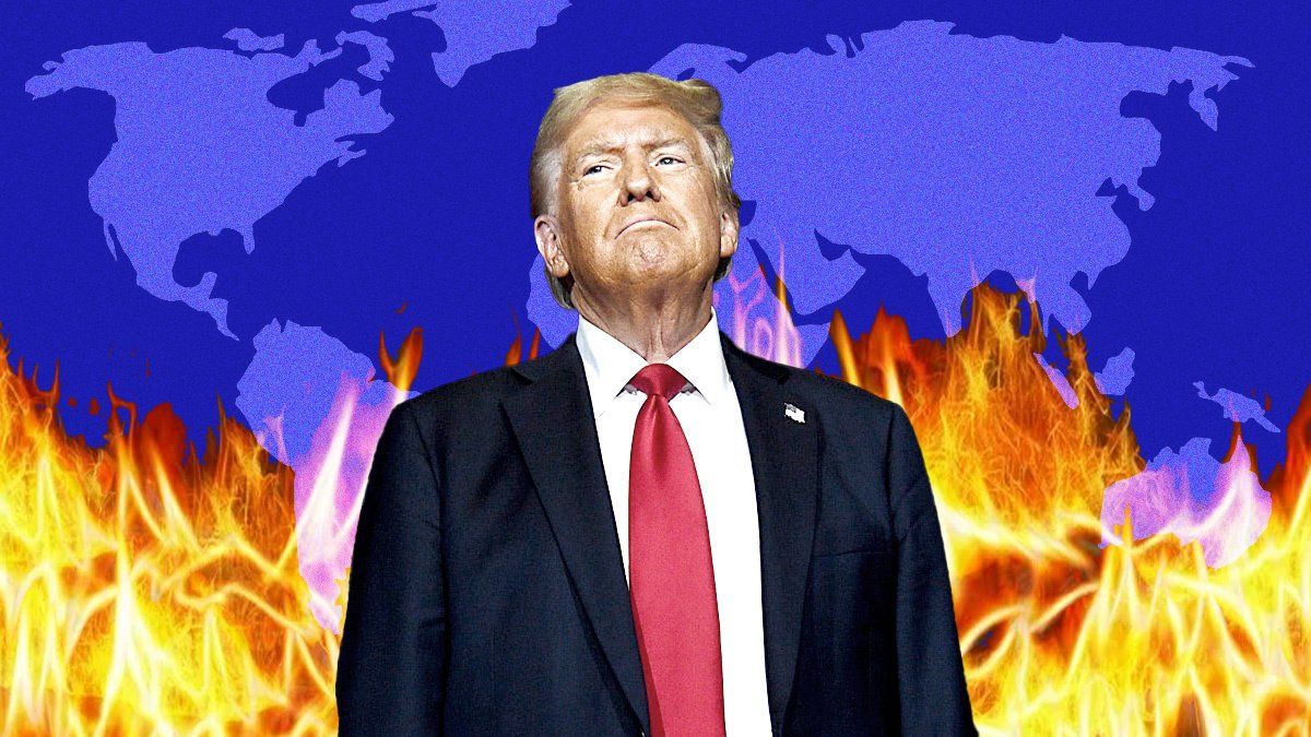 Trump in front of a map on fire. 