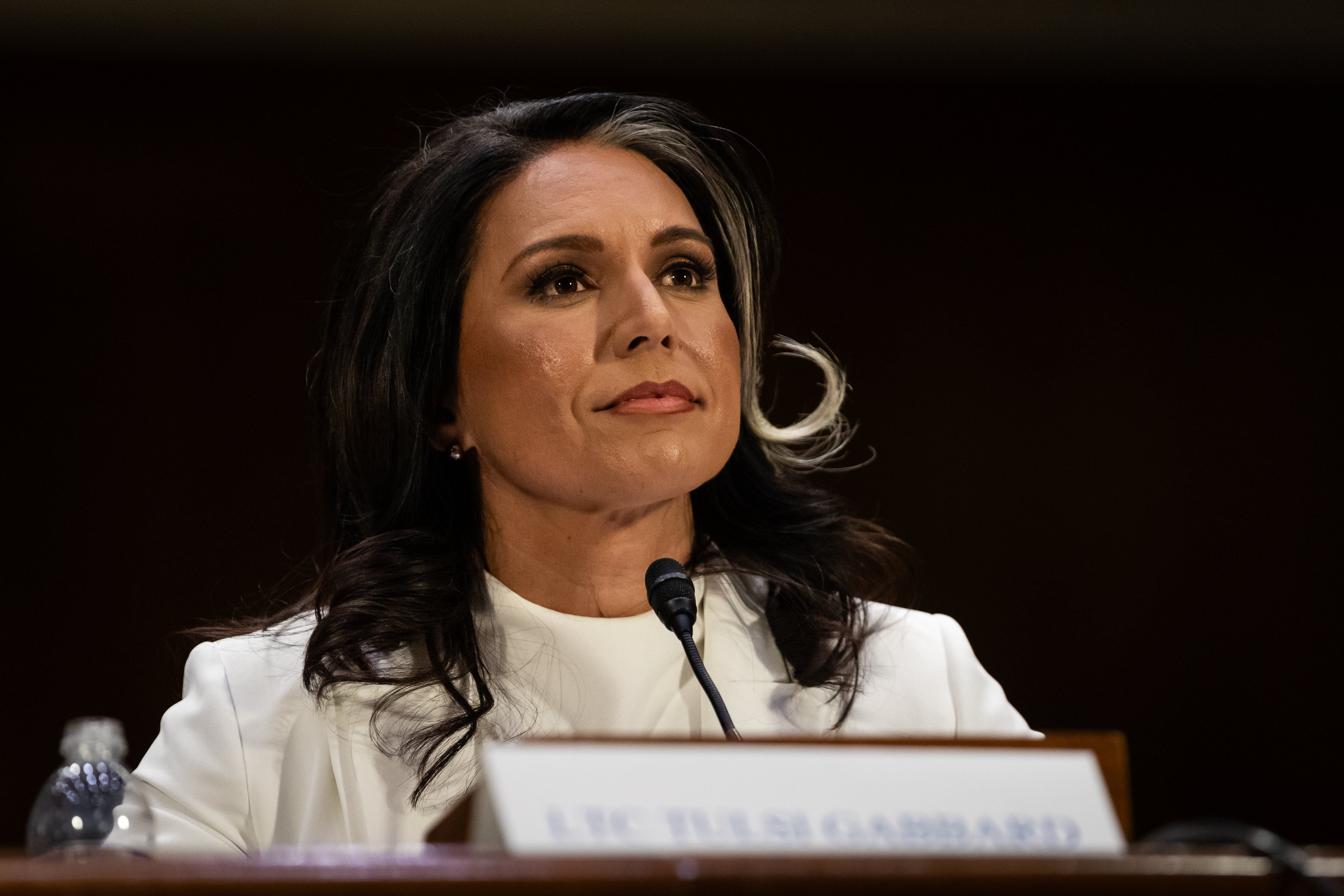 ​Tulsi Gabbard, Trump’s nominee for Director of National Intelligence, testifies at a Senate Intelligence Committee confirmation hearing in Washington, DC, January 30, 2025. She is a controversial nominee due to her previous suggestions of support for autocrats and U.S. adversaries, including the recently toppled Syrian dictator Bashar al-Assad. 