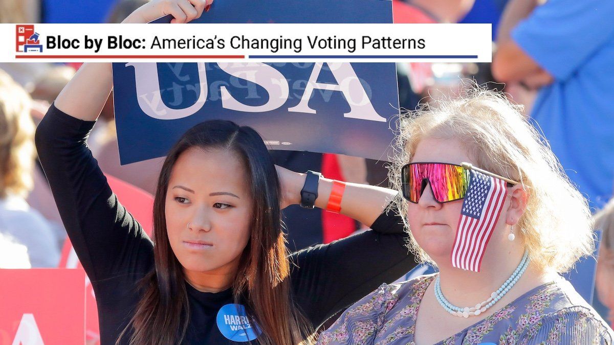 Two Women wait for Vice President Kamala Harris to arrive at Ripon College, Thursday, October 3, 2024, in Ripon, Wis.