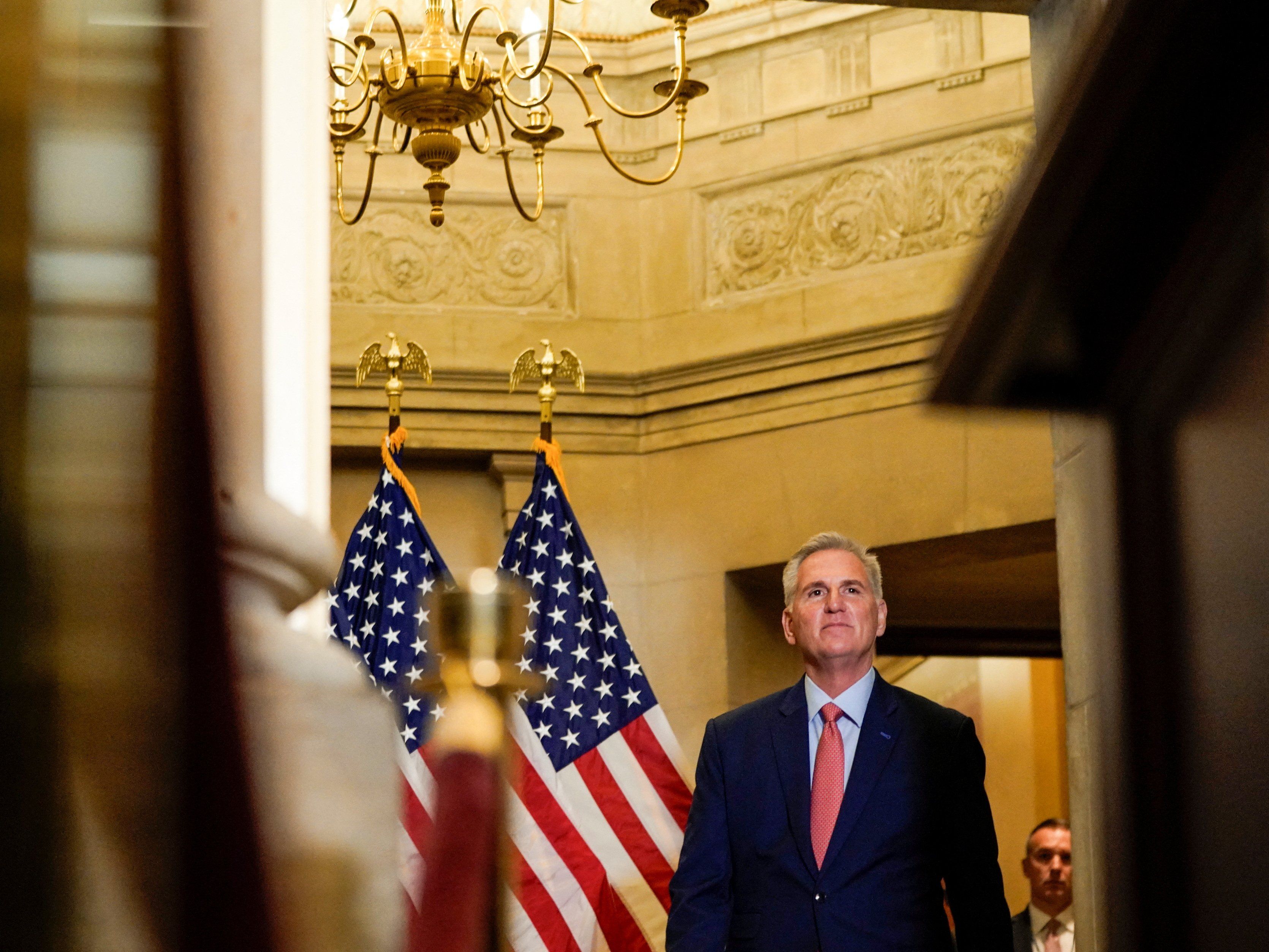 U.S. House Speaker Kevin McCarthy (R-CA) arrives to deliver a statement on allegations surrounding U.S. President Joe Biden and his son Hunter Biden, as the House of Representatives returns from its summer break facing a looming deadline to avoid a government shutdown while spending talks continue on Capitol Hill in Washington, U.S., September 12, 2023.