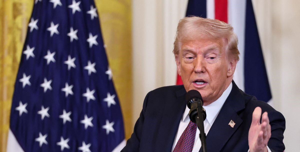 ​U.S. President Donald Trump attends a press conference with British Prime Minister Keir Starmer (not pictured) at the White House in Washington, D.C., U.S., February 27, 2025. 