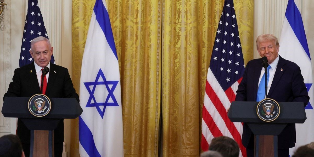 ​U.S. President Donald Trump and Israeli Prime Minister Benjamin Netanyahu hold a joint press conference in the East Room at the White House in Washington, U.S., February 4, 2025. 