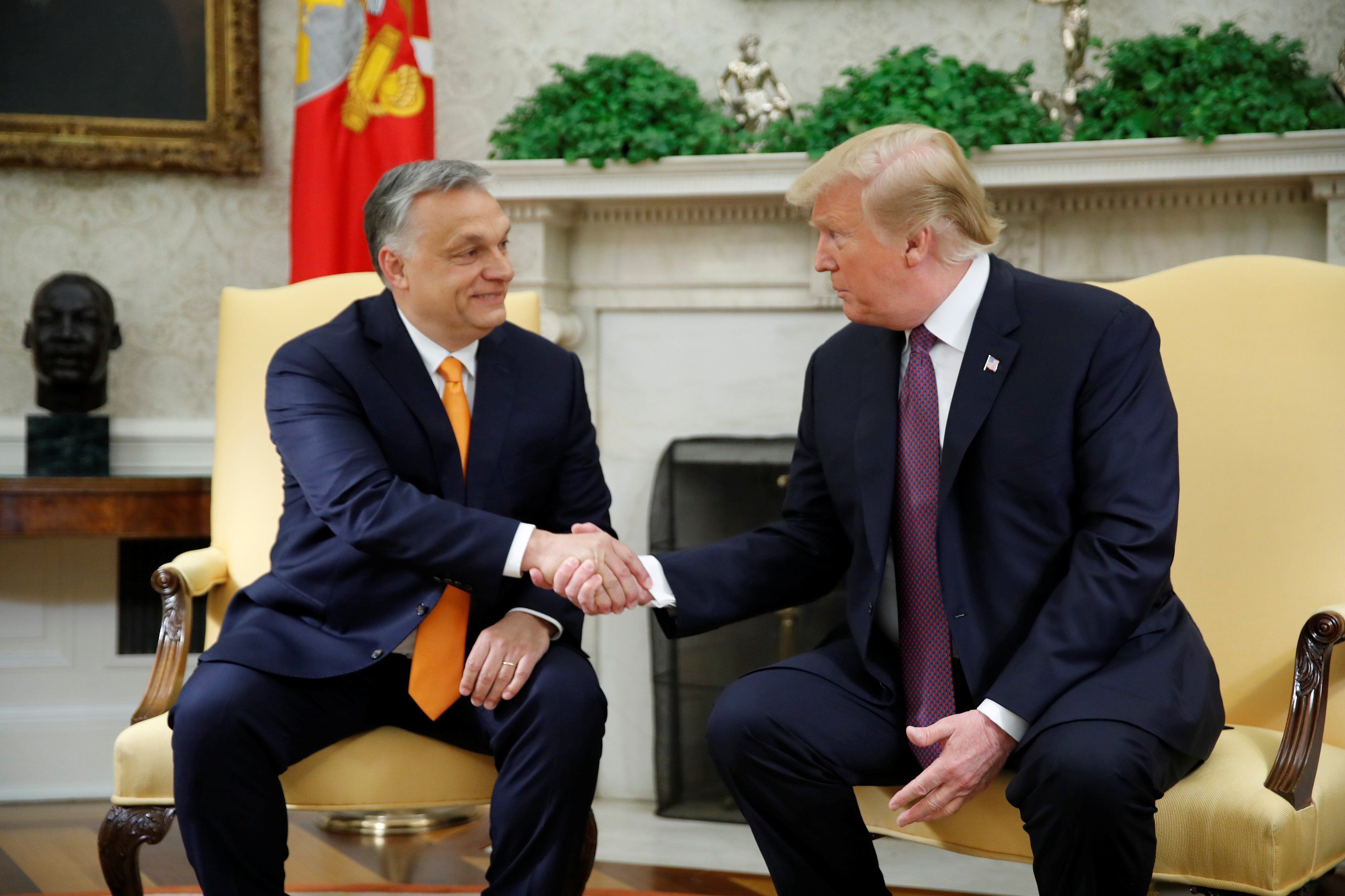 ​U.S. President Donald Trump greets Hungary's Prime Minister Viktor Orban in the Oval Office at the White House in Washington, U.S., May 13, 2019. 