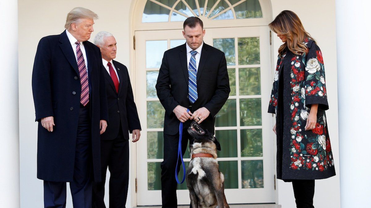 U.S. President Donald Trump poses with Vice President Mike Pence, first lady Melania Trump and Conan, the U.S. military dog that participated in and was injured in the U.S. raid in Syria that killed ISIS leader Abu Bakr al-Baghdadi, while standing with the dog's military handler on the colonnade of the West Wing of the White House in Washington, U.S., November 25, 2019. 