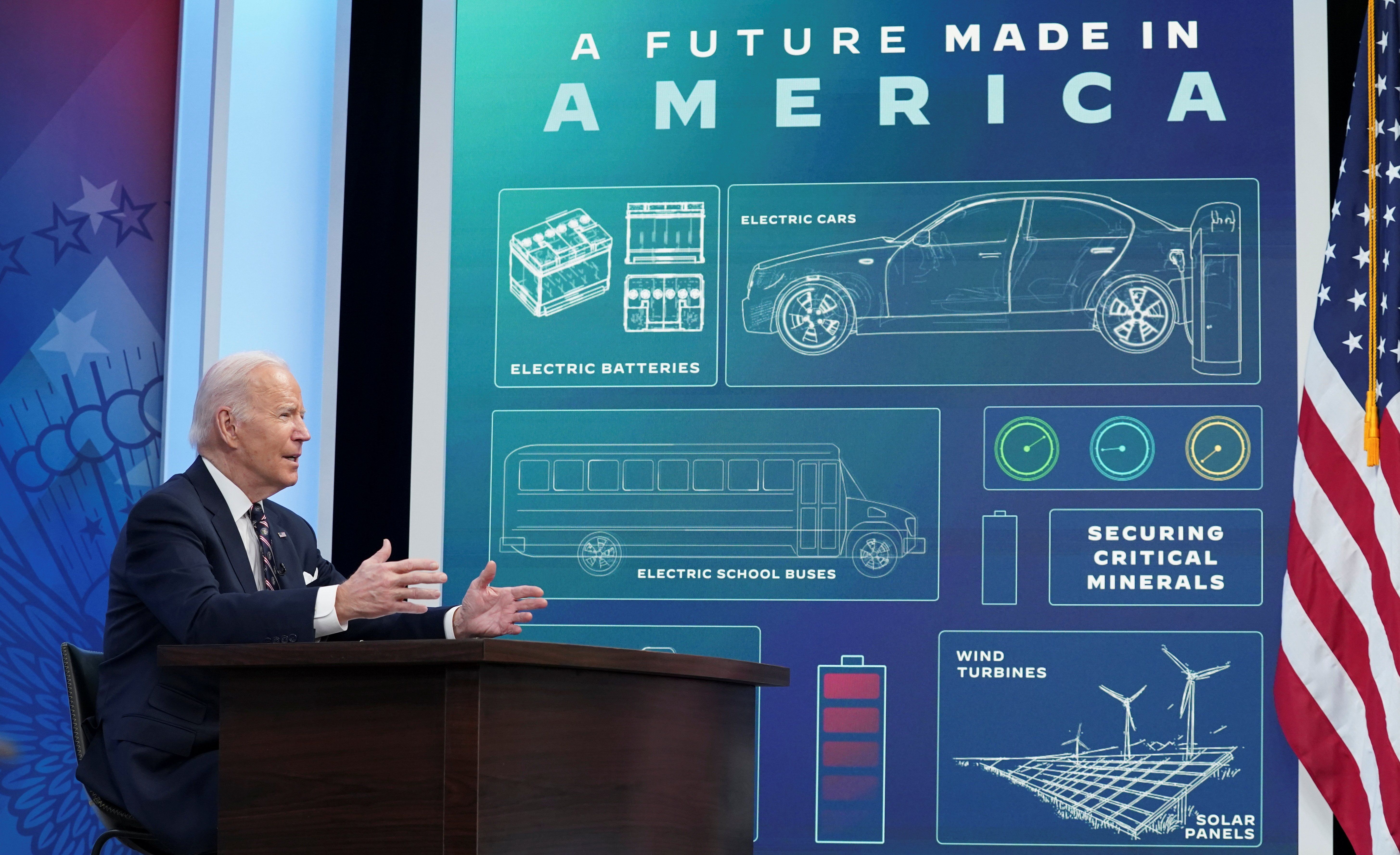 ​U.S. President Joe Biden speaks during a virtual roundtable on securing critical minerals at the White House in Washington, U.S., February 22, 2022. 