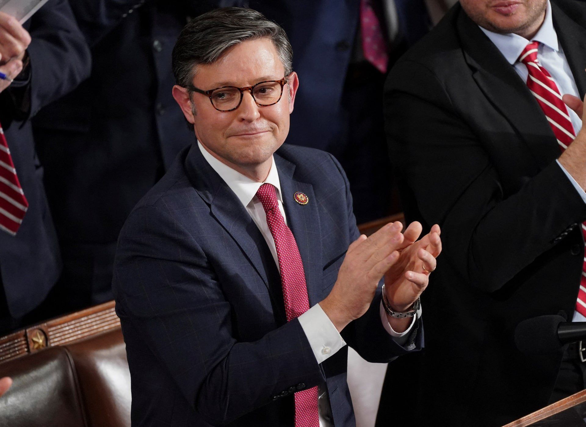 U.S. Rep. Mike Johnson (R-LA), the latest House Republican nominee for House Speaker, reacts to former Speaker nominee and current House Majority Leader Steve Scalise (R-LA) voting for Johnson during another round of voting to pick a new Speaker of the U.S. House of Representatives at the U.S. Capitol in Washington, U.S., October 25, 2023. 