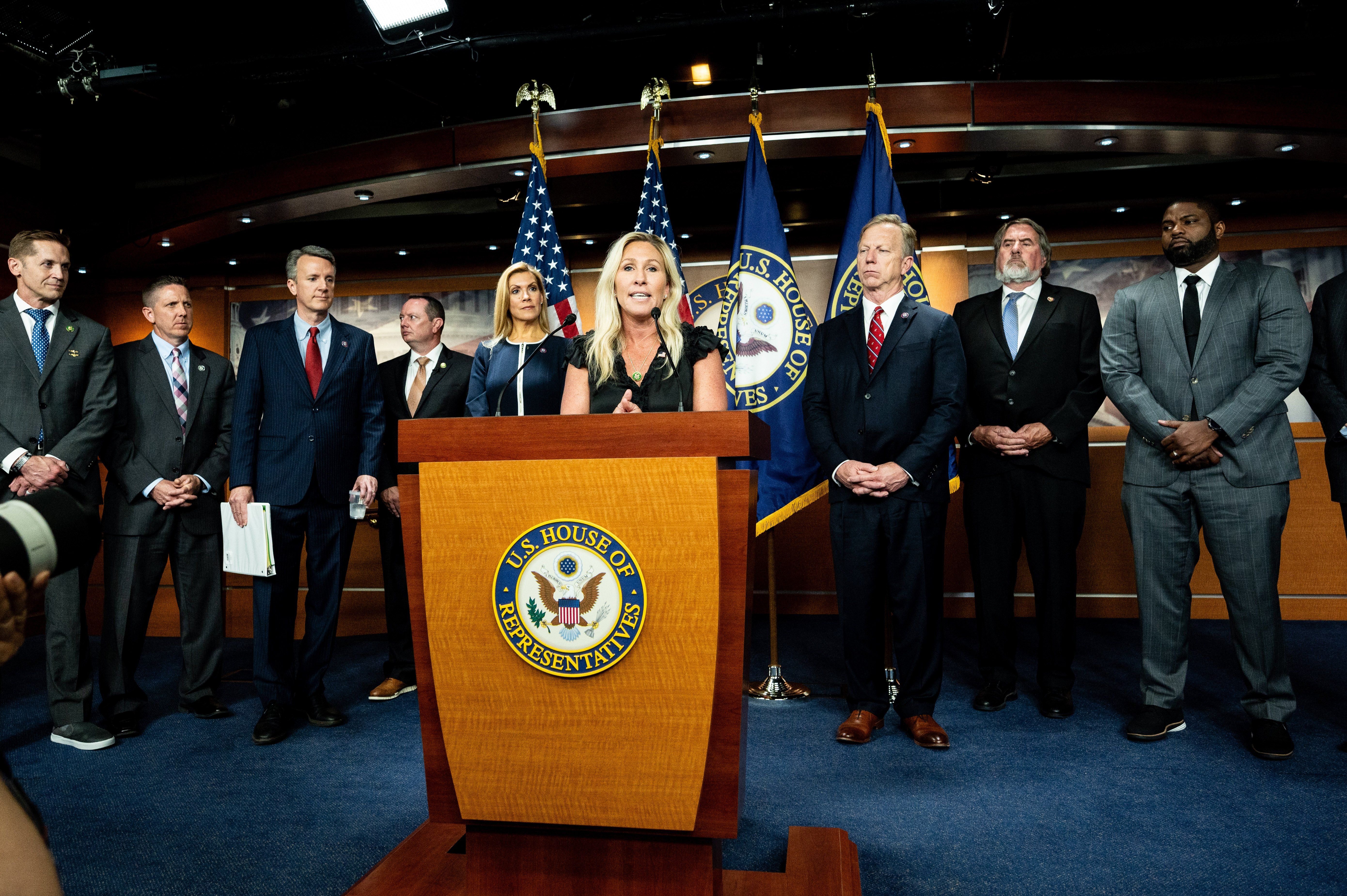 U.S. Representative Marjorie Taylor Greene (R-GA) speaking at a press conference