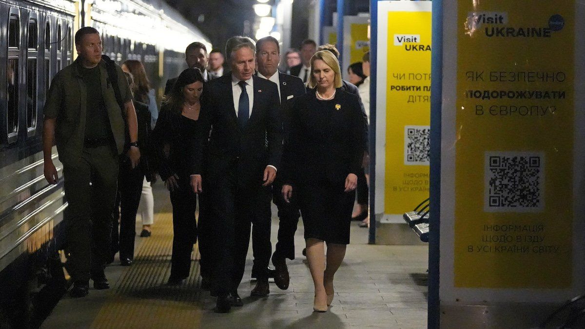 ​U.S. Secretary of State Antony Blinken is accompanied by U.S. Ambassador to Ukraine Bridget Brink as he prepares to depart the train station in Kyiv, Ukraine, September 11, 2024. 