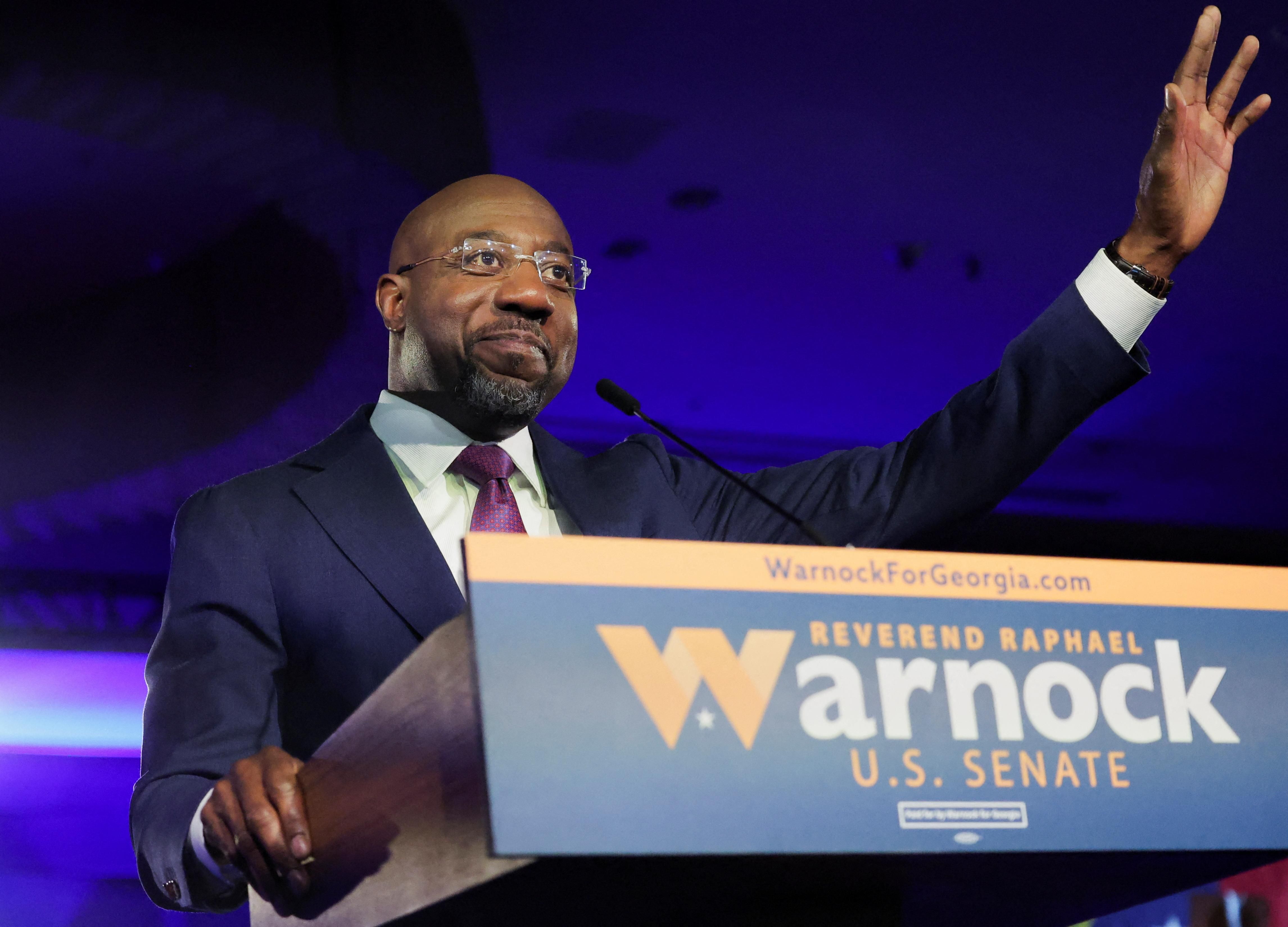 U.S. Senator Raphael Warnock (D-GA) speaks during an election night party