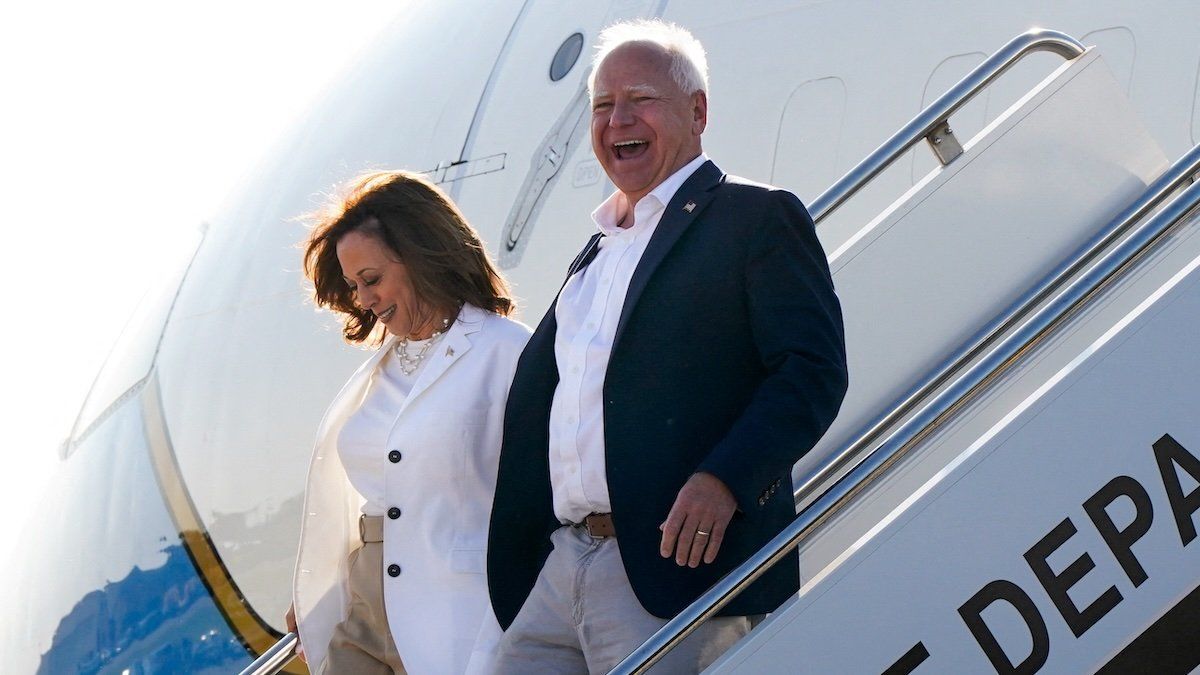 U.S. Vice President and Democratic presidential candidate Kamala Harris and newly-chosen vice presidential running mate, Minnesota Governor Tim Walz arrive at Detroit Metropolitan Wayne County Airport in Romulus, Michigan, U.S., August 7, 2024.