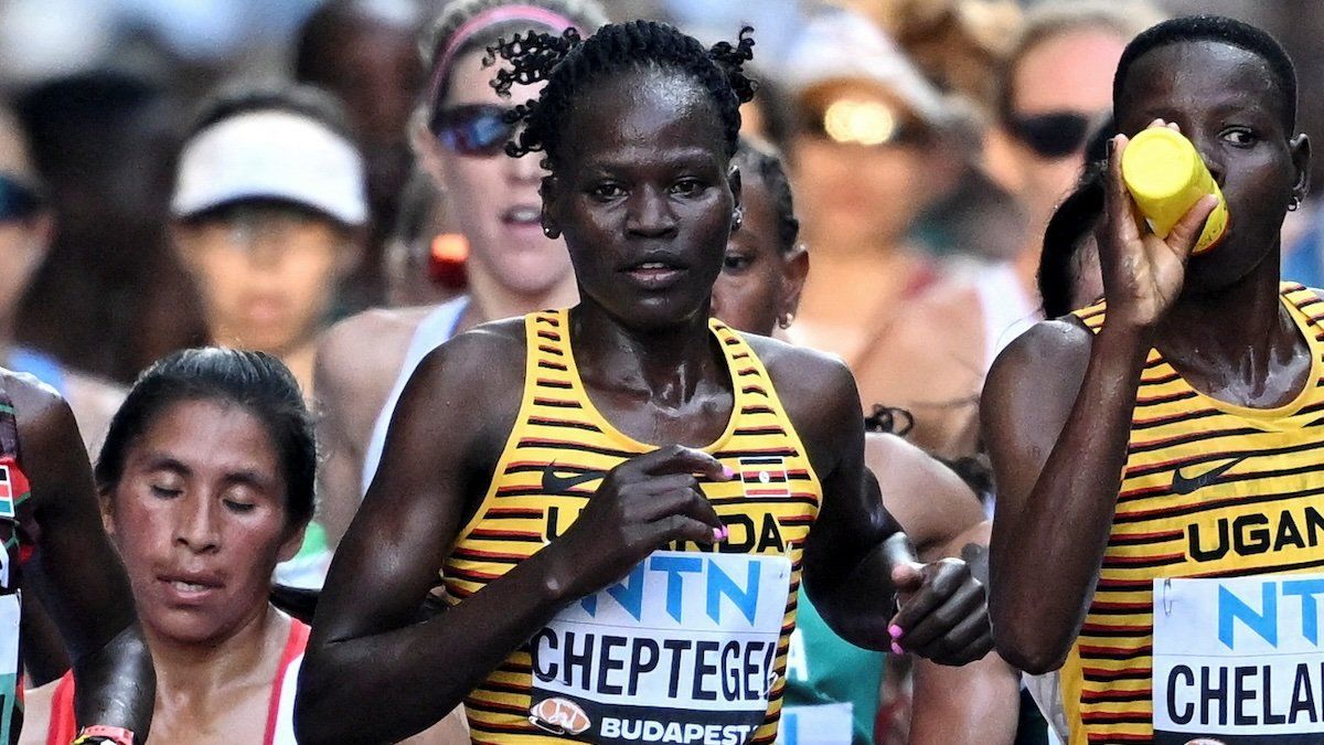 Uganda's Rebecca Cheptegei in action during the women's marathon final on August 26, 2023.