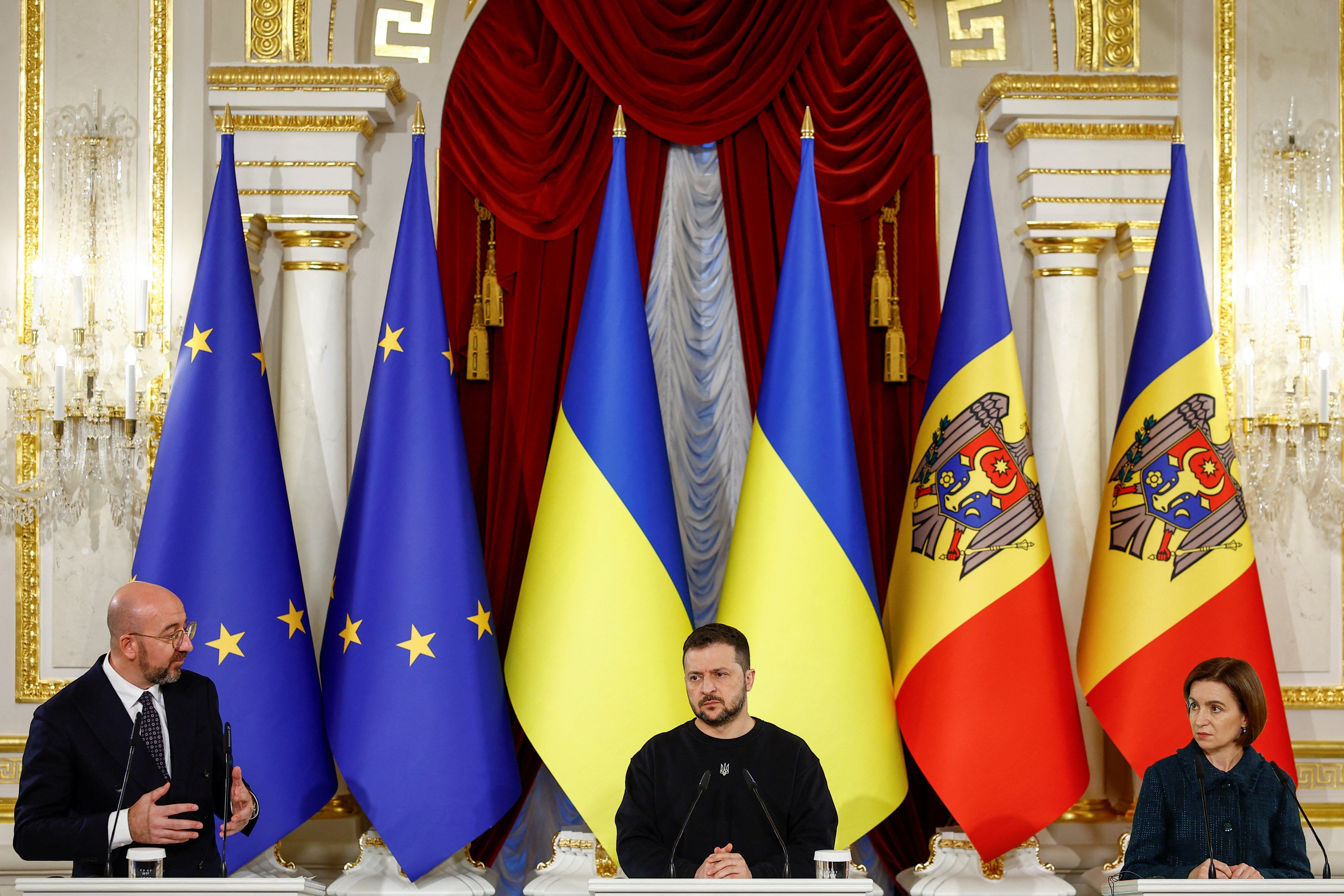 ​Ukraine's President Volodymyr Zelenskiy, Moldova's President Maia Sandu and President of the European Council Charles Michel attend a joint press conference, amid Russia's attack on Ukraine, in Kyiv, Ukraine November 21, 2023. 