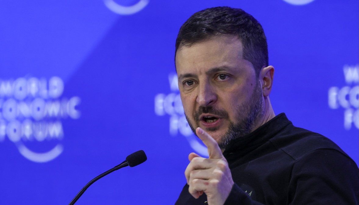 ​Ukraine's President Volodymyr Zelensky speaks during the 55th annual meeting of the World Economic Forum in Davos, Switzerland, on Jan. 21, 2025. 