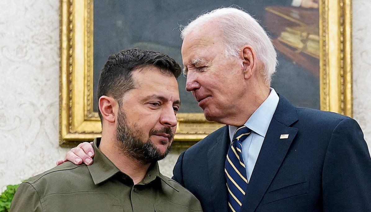 Ukrainian President Volodymyr Zelenskiy is embraced by US President Joe Biden in the Oval Office back in September 2023. 