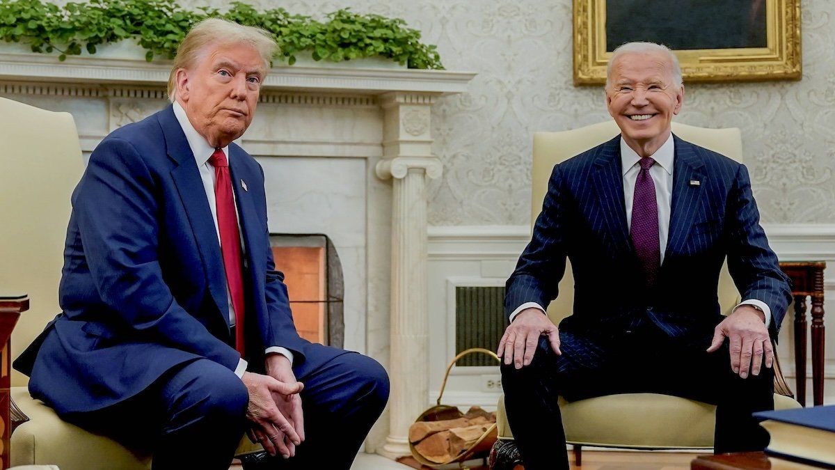 United States President Joe Biden, right, and US President-elect Donald Trump during a meeting in the Oval Office of the White House in Washington, DC, US, on Wednesday, November 13, 2024. 