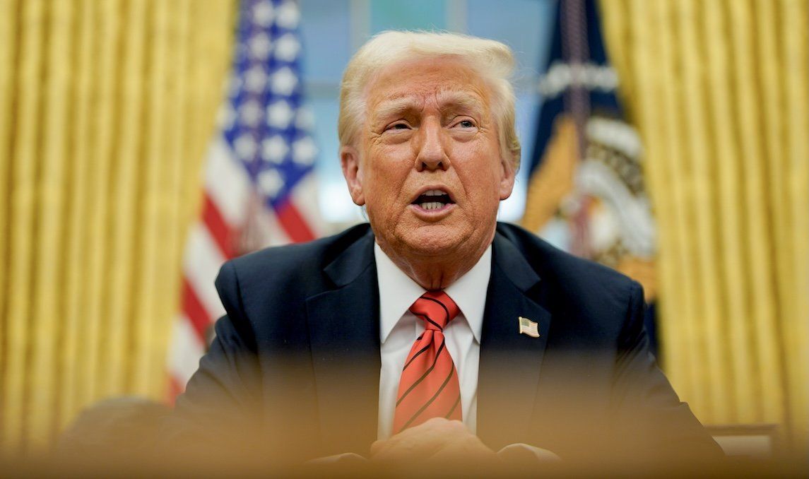 ​US President Donald Trump speaks during an executive order signing in the Oval Office of the White House in Washington, DC, on Feb. 10, 2025. He ordered a 25% tariff on steel and aluminum imports, escalating his efforts to protect politically important US industries with levies hitting some of the country's closest allies. 