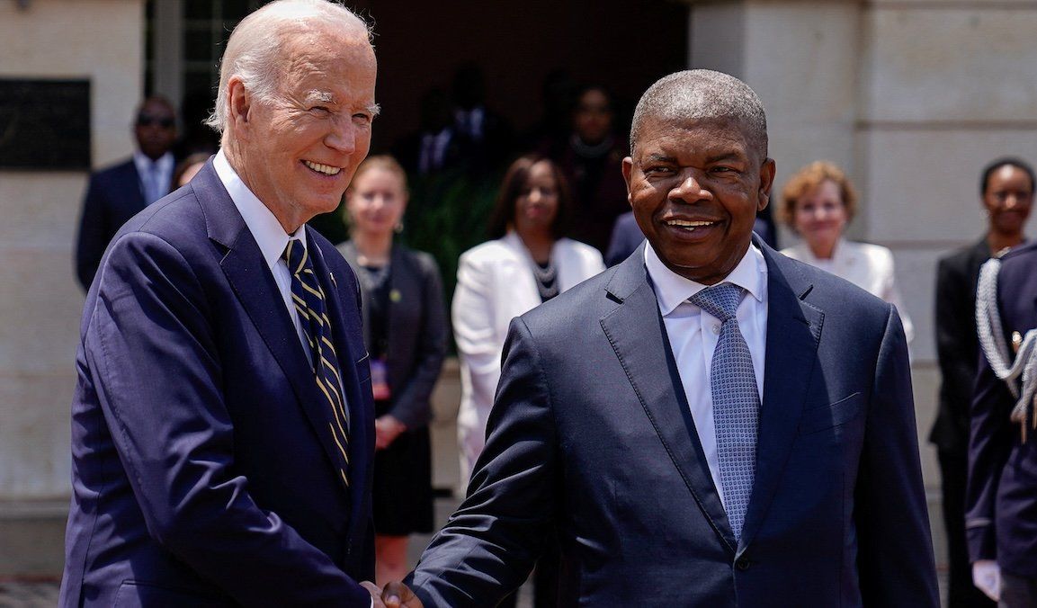 US President Joe Biden shakes hands with Angolan President João Lourenço at the Presidential Palace in Luanda, Angola, on Dec. 3, 2024. 