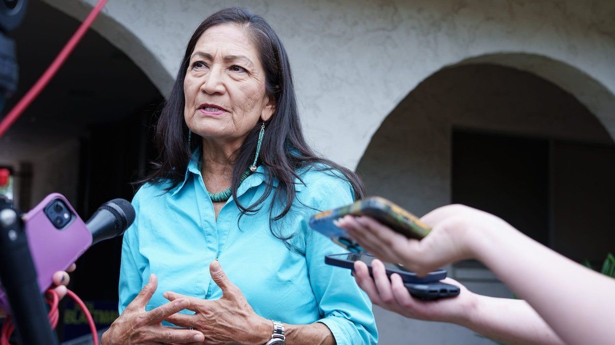 US Secretary of the Interior, Deb Haaland answers questions from the media as she visits Arizona for a Biden-Harris canvassing launch in legislative district 9 on June 22, 2024, in Mesa.