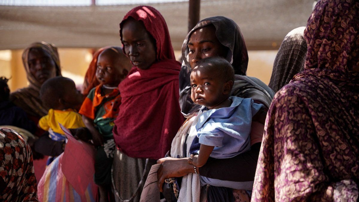 Women and babies at the Zamzam displacement camp, close to El Fasher in North Darfur, Sudan, January 2024.