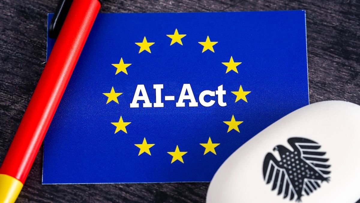 Lettering on a logo of the European Union, AI-Act, the symbolic image for the laws and regulation of artificial intelligence in Europe. 