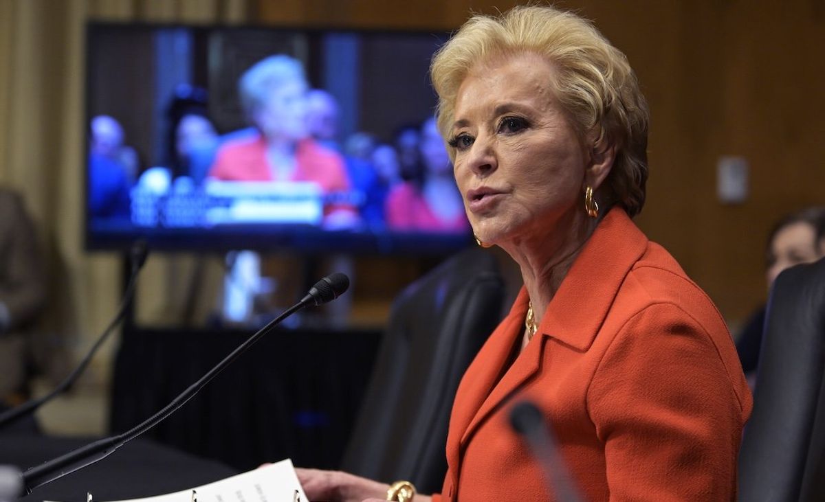 Linda McMahon testifies before the Senate Health, Education, and Labor Committee during a nomination hearing as Secretary of Education in Washington, DC, USA, on Feb. 13, 2025.