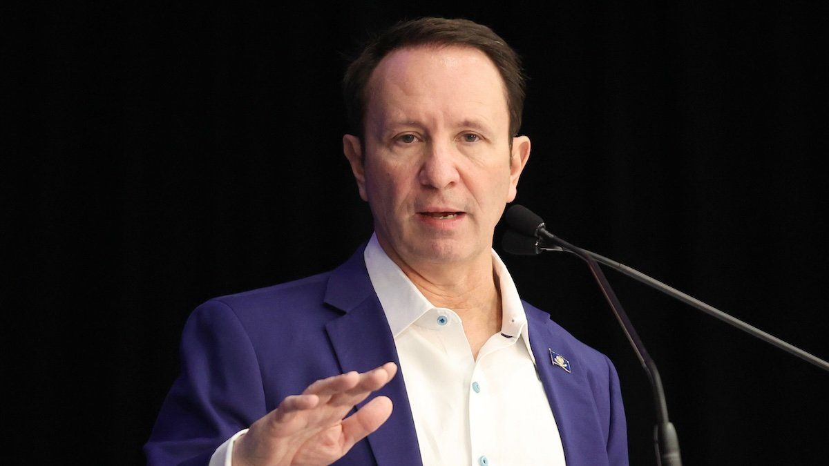 Louisiana Governor Jeff Landry speaks during the Jefferson Chamber of Commerce’s 2024 Annual Meeting at the Alario Center in Westwego, Louisiana on Tuesday, February 6, 2023.
