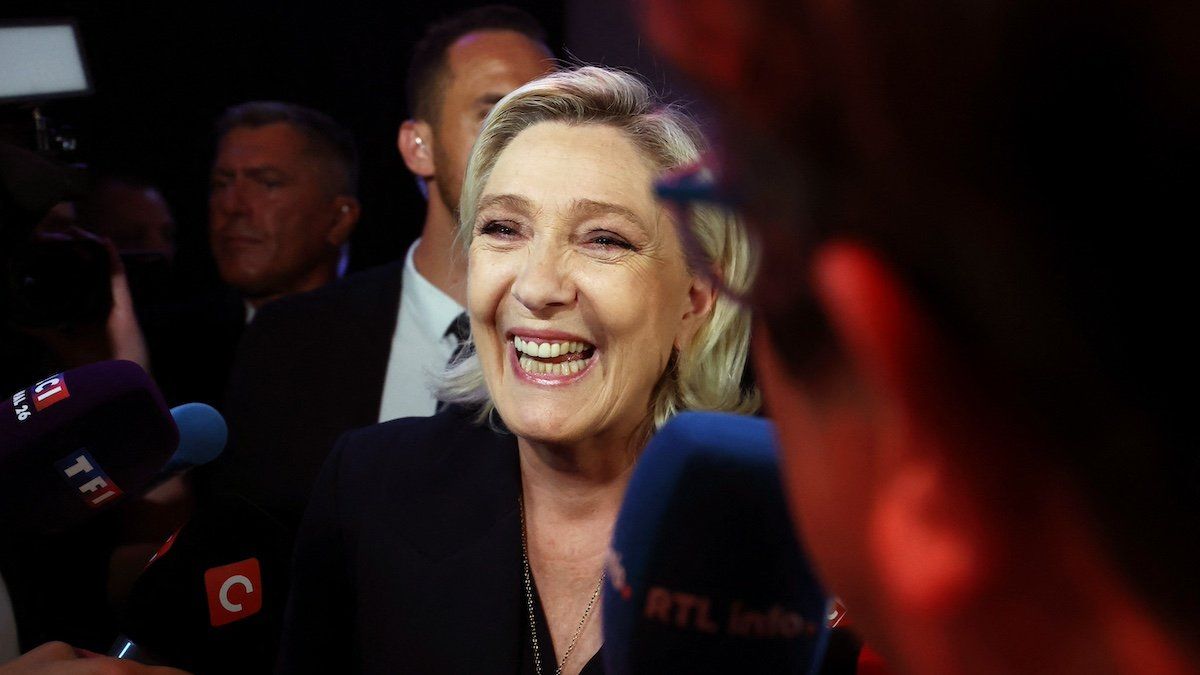 ​Marine Le Pen, French far-right leader and far-right Rassemblement National (National Rally - RN) party candidate, speaks to journalists after partial results in the first round of the early French parliamentary elections in Henin-Beaumont, France, June 30, 2024. 