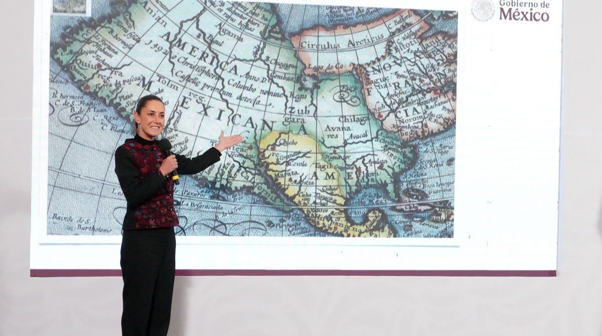 ​Mexico's President Claudia Sheinbaum shows a 1661 world map showing the Americas and the Gulf of Mexico in response to US President-elect Donald Trump's comments about renaming the body of water, during a press conference at National Palace in Mexico City, Mexico, on Jan. 8, 2025. 