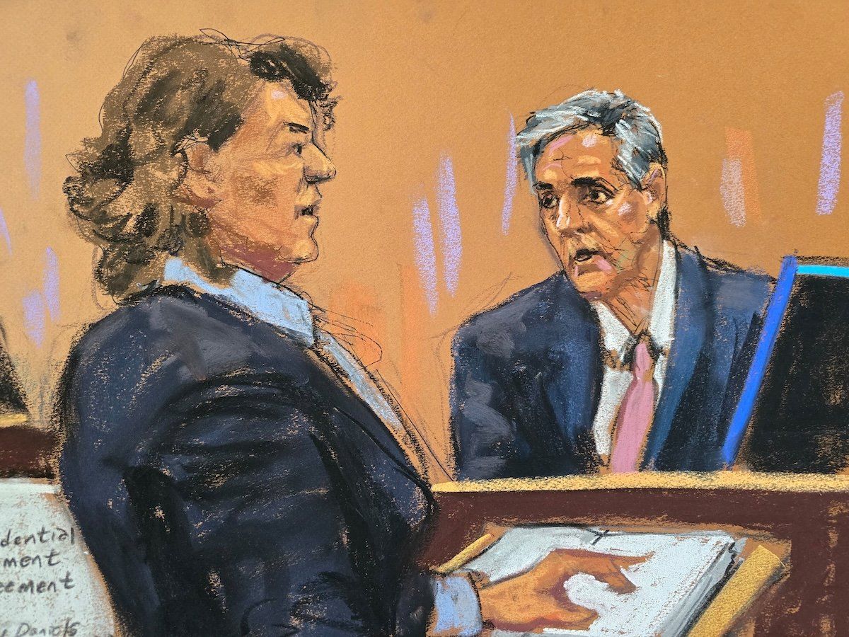 ​Michael Cohen is questioned by prosecutor Susan Hoffinger in Manhattan state court on May 13, 2024, in this courtroom sketch. 
