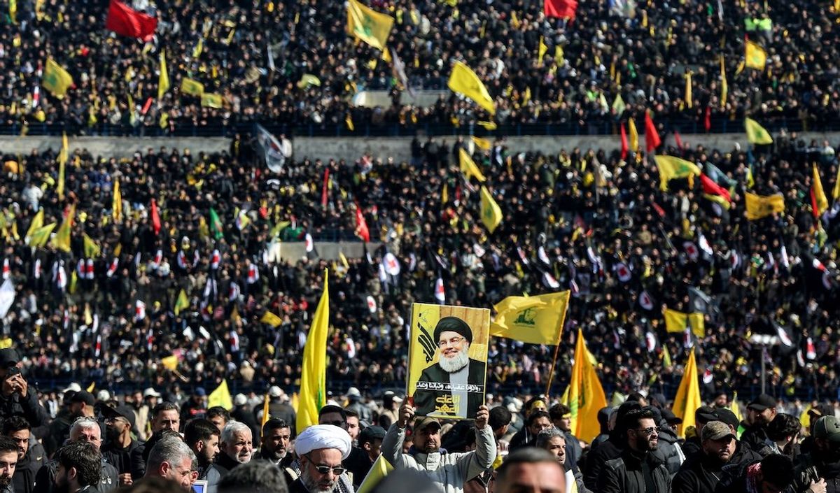 ​Mourners attend the funeral of slain Hezbollah leader Hassan Nasrallah on the outskirts of Beirut.