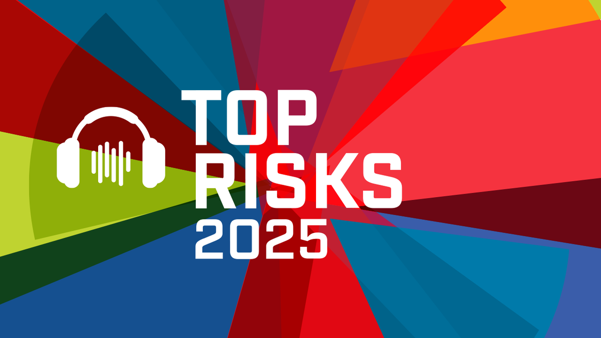 Photo illustration of abstract geometric design in red, blue, green, and yellow with bold white text reading "Top Risks 2025" and a headphone icon with soundwave graphics