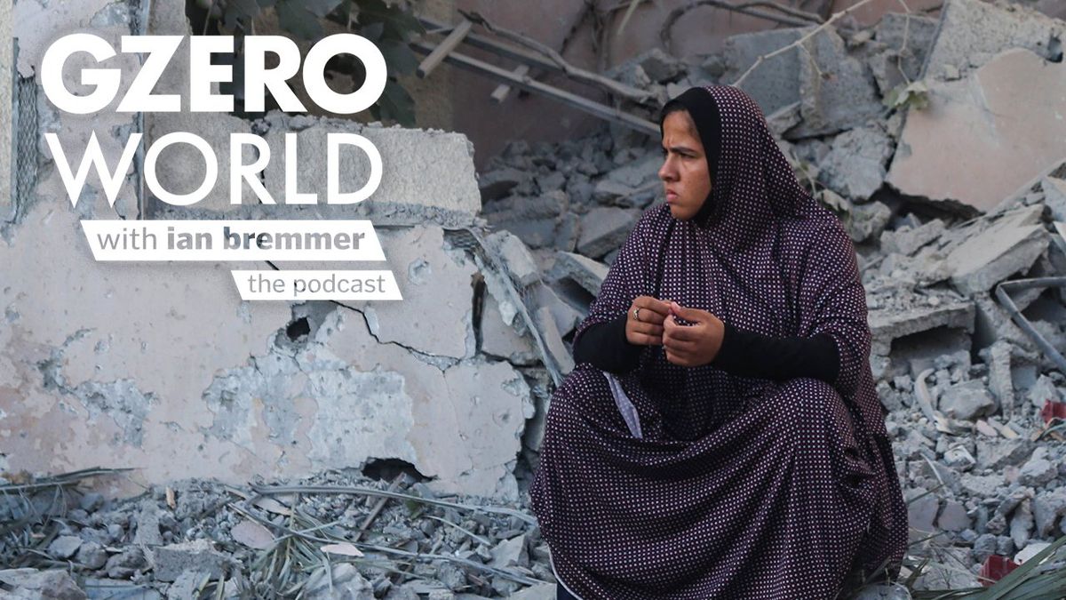 photo of a woman sat in front of the ruins of a collapsed building in a war-torn area and GZERO World with ian bremmer - the podcast