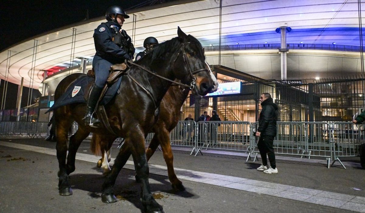 ​Police reinforcements patrol before the UEFA Nations League football match between France and Israel at the Stade de France stadium in Saint-Denis, north of Paris, on Nov. 14, 2024. 