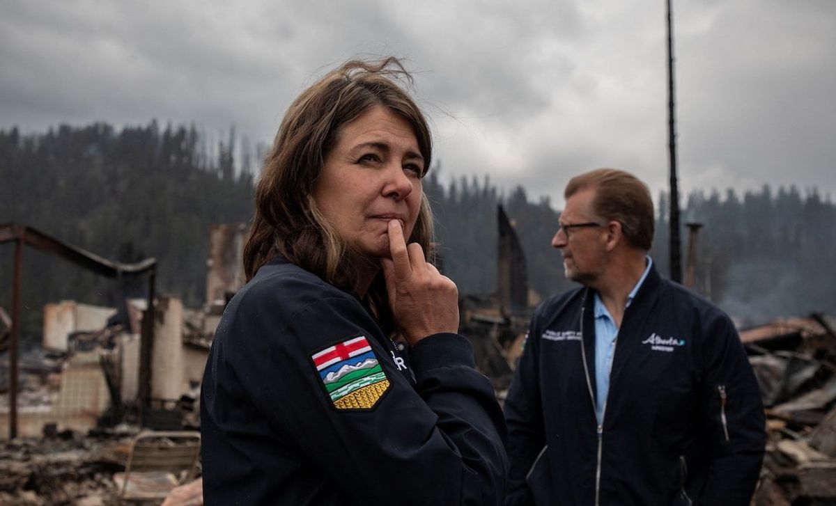 ​Premier Danielle Smith tours Jasper, Alberta, Canada, in July. 