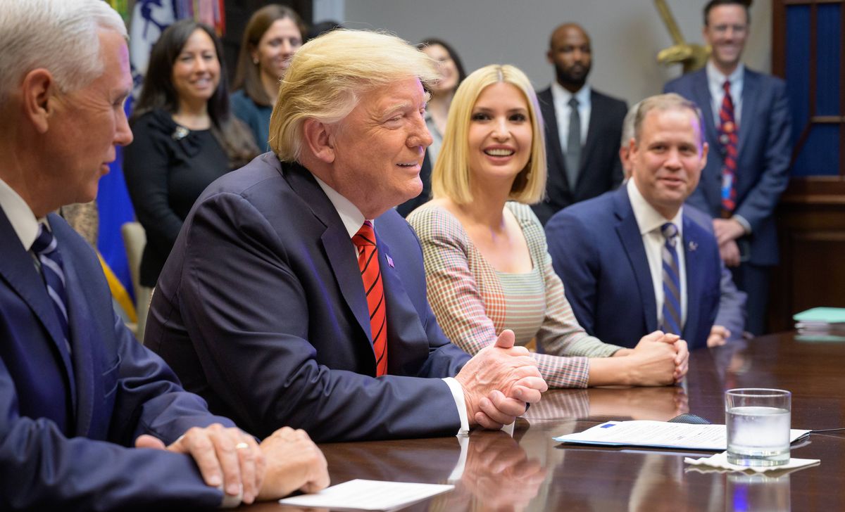 ​President Donald Trump, 2nd from left, joined by Vice President Mike Pence, left, Advisor to the President Ivanka Trump.