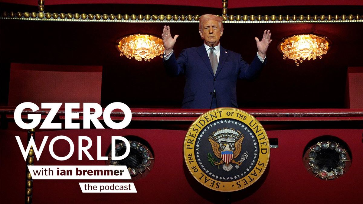 President Donald Trump, in a dark suit and blue tie, stands with a stern expression. Text reads "GZERO World with Ian Bremmer – the podcast."