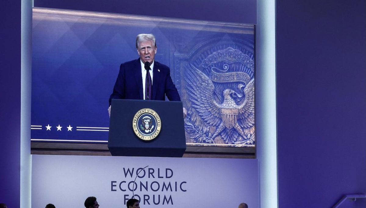 President Donald Trump makes a special address remotely during the 55th annual World Economic Forum in Davos, Switzerland, on Jan. 23, 2025.