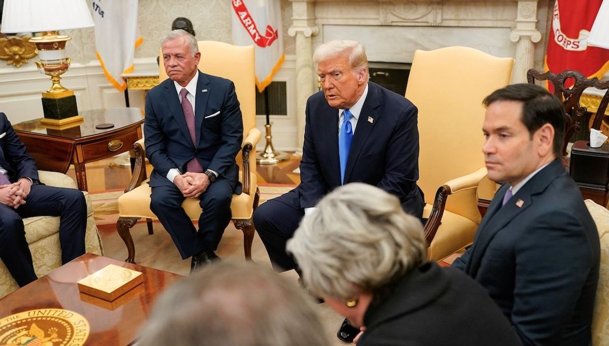 President Donald Trump, Secretary of State Marco Rubio, and Jordan's King Abdullah attend a meeting in the Oval Office at the White House in Washington, on Feb. 11, 2025. ​