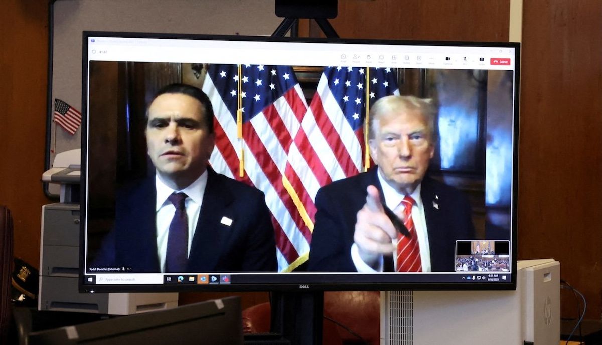 ​President-elect Donald Trump appears remotely for a sentencing hearing in front of New York State Judge Juan Merchan in his hush money case at New York Criminal Court in New York City, on Jan. 10, 2025. 