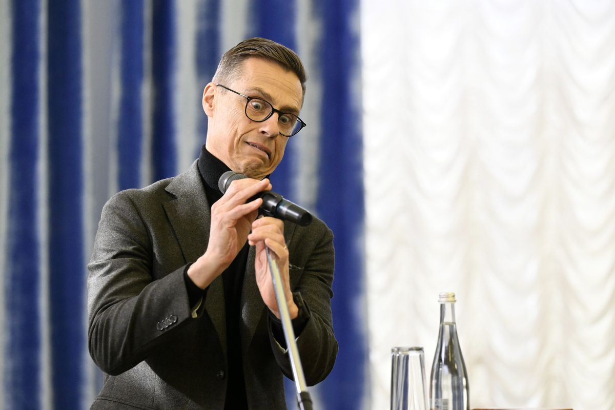 ​President of Finland Alexander Stubb speaks during the lecture on the new world disorder at the Taras Shevchenko University in Kyiv, Ukraine on April 3, 2024.