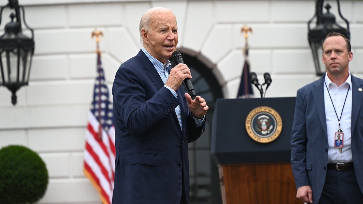 President of the United States Joe Biden is delivering off-the-cuff remarks unscripted following remarks at the podium with First Lady Jill Biden at a BBQ with members of the military and their families on the South Lawn of the White House in Washington, D.C., United States, on July 4, 2024.