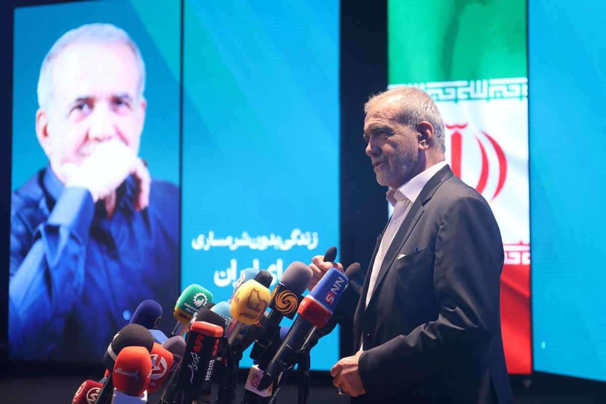 Presidential candidate Masoud Pezeshkian speaks during a campaign event in Tehran, Iran, June 19, 2024.